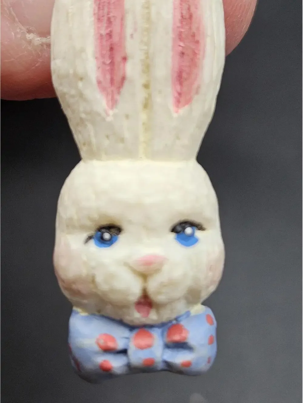 Vintage Bunny Rabbit Head Pin Brooch Carved Wood Look Blue Bow Tie